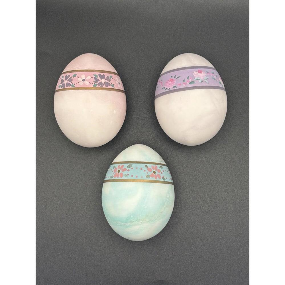 Vintage Set Of 3 Genuine Alabster Hand Carved Eggs Italy Ducceschi Heavy 70’s